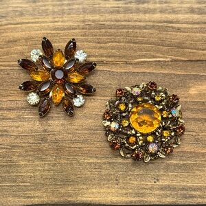 Vintage Amber and Topaz Rhinestone Brooch Set